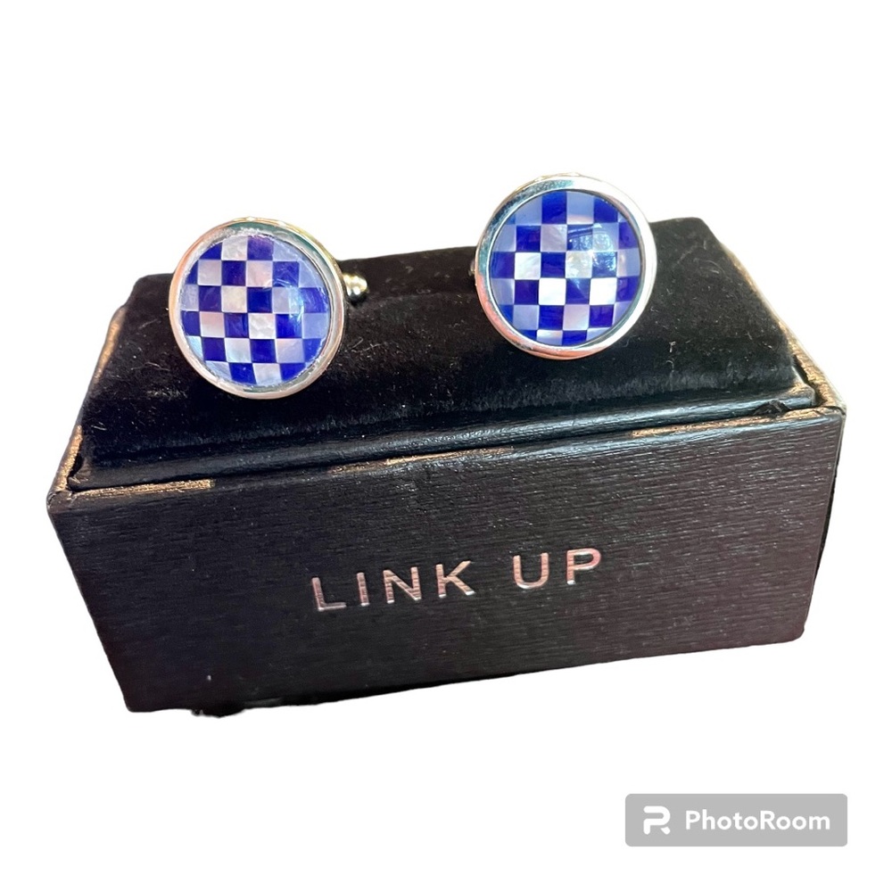 LINK UP cuff links silver tone - mother of pearl look & royal blue check pattern